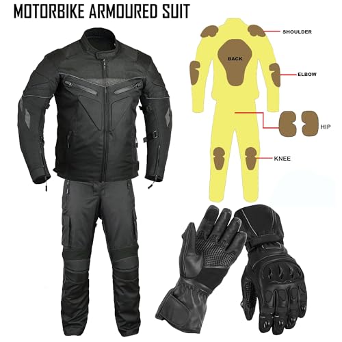 Men’s 2-Piece CE Armoured Waterproof Motorcycle Suit with Touchscreen Leather Gloves | All-Weather Cordura Riding Gear (Black, M (Trouser L30))