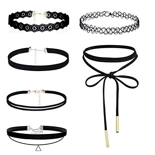 RChance Women's Girls' 6 PCS Classic Gothic Tattoo Stretch Lace Black Velvet Choker Necklace Set