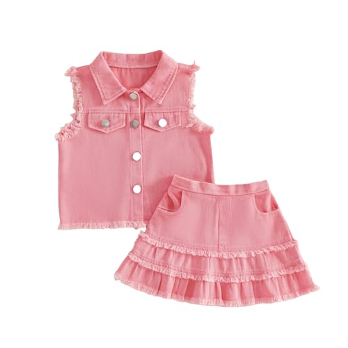 Lefyira Denim Skirt Set Toddler Girl Jean Jacket Button Down Top and Ripped Jean Skirt Western Clothes Cowgirl Outfit 1-6T (15 Pink 2-3T)