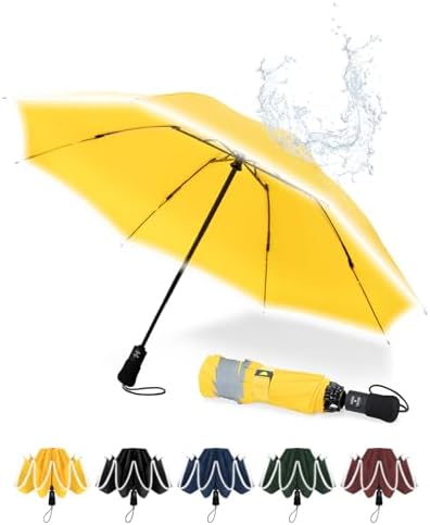 Chakipee Regenschirm Groß Sturmfest Reflektierend für Herren und Damen – Taschenschirm Automatik Auf und Zu Reise Schirm Kompakter Tragbarer, Taschenschirme Schwarz 210T Beschichtu