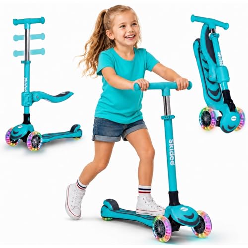 Image of SKIDEE Kick Scooter for Kids Ages 3-5 | Foldable 3 Wheel Scooter with Lean-to-Steer, Adjustable Height, Removable Seat & LED Light Wheels | Toddler Scooter Up to 12 Year Old Boys /Girls