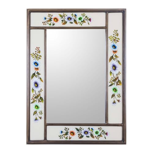 NOVICA White Floral Reverse Painted Glass Frame Rectangular Wall Mirror, 'Modern Daisy'