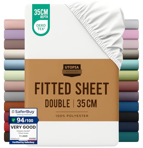 Utopia Bedding Fitted Sheet Double White - Deep Pocket 14 inch (35 cm) - Easy Care - Soft Brushed Polyster - Microfibre Fabric - Shrinkage and Fade Resistant - Bottom Sheet