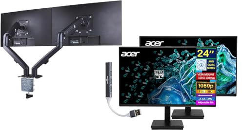 Image of acer 24 inch FHD IPS Monitor with 4ms Response Time, Anti Glare, VESA Mount (100mm), HDMI, VGA & Black Color 2 Pack with DKZ Hub & ErgoFlexy Dual Monitor Mount