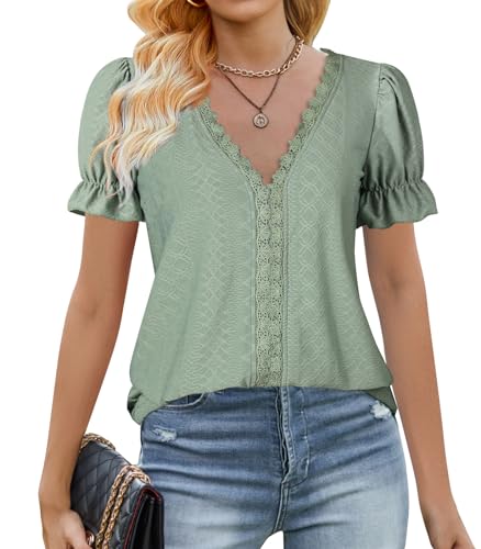 Zetieny Camisas para Mujer Blusa con Cuello en V Manga Corta Túnica de Color Sólido Tops Elegante