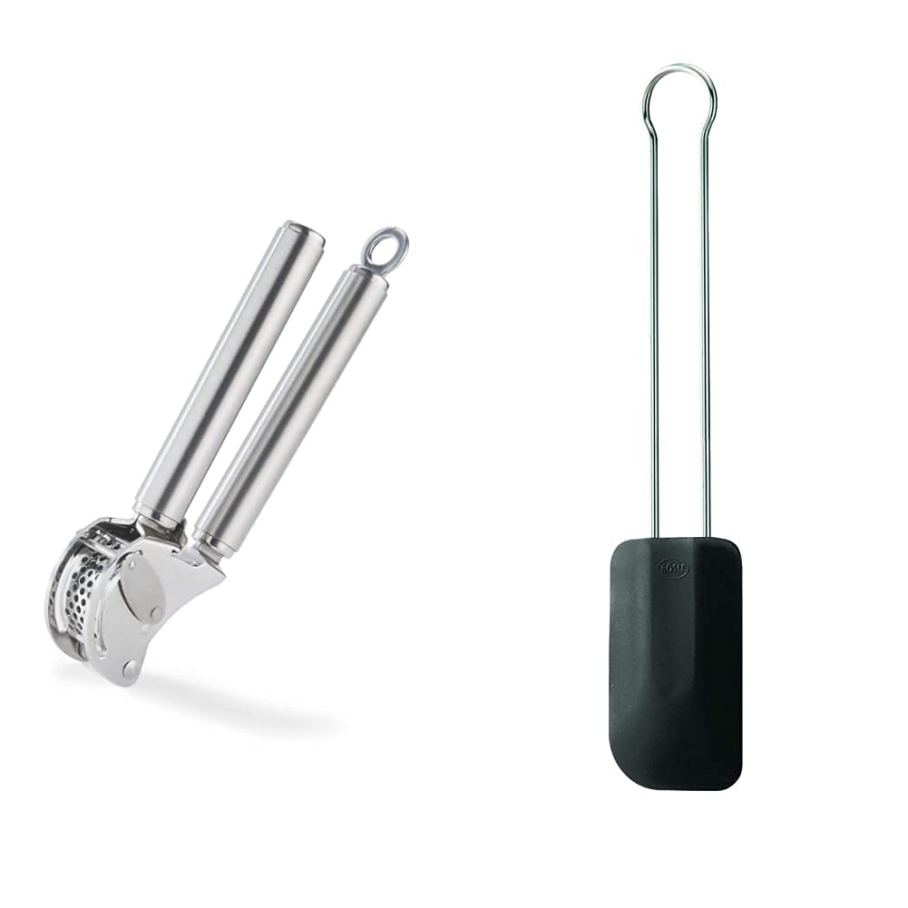 RÖSLE Knoblauchpresse mit Abstreifer, Presse in Profi-Qualität für Ingwer und Knoblauch, mit klappbarem Sieb & Teigschaber, Hochwertiger Teigspachtel als Back- und Kochhelfer, schwarz, 26 cm