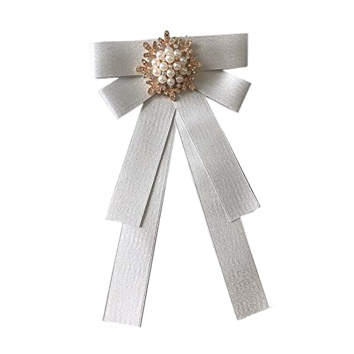 Image of Women Elegant Pearl Ribbon Bow tie Brooches Pin Jewelry Pre-Tied Collar Neck Tie Clip for Lady Girls Wedding Party