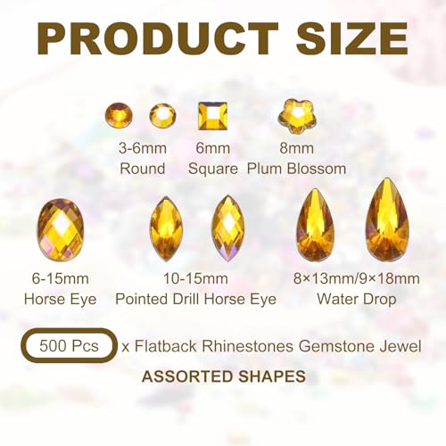PATIKIL Mixed 500Pcs AB Colorful Crystal Rhinestones, Gems Rhinestones Flatback Acrylic Gemstone Jewel Assorted Shapes for Nail DIY Craft Party Decorations - (Golden Yellow AB)