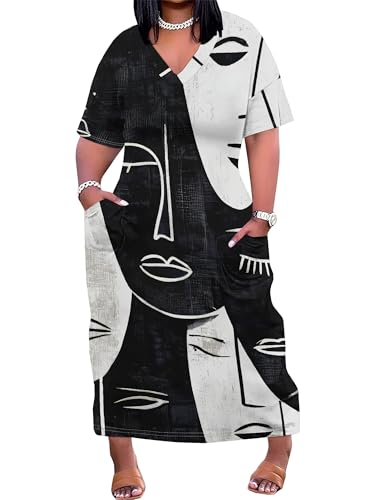 Image of Plus Size Maxi Dress for Women Short Sleeve V Neck Casual Loose Sundress with Pockets