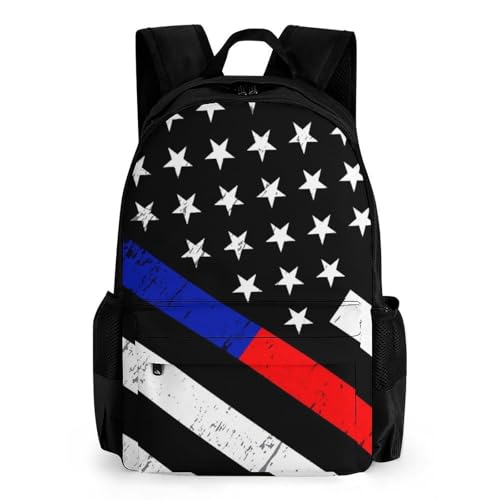Supdreamc Men Women Polyester Thin Red Line And Blue Line American Flag Black Casual Daypack Large Capacity Carry On Bag With Adjustable Shoulder Straps for Camping Work Running