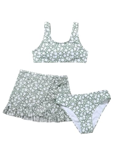 Image of WDIRARA Girl's Floral Print Bikini Set 3 Piece Swimsuits Bathing Suits with Cover Up Skirt Multicolor 12 Years