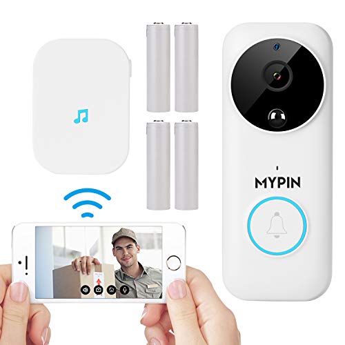 Video Doorbell WiFi Wireless, MYPIN Security Camera Doorbell with Motion Detector, Waterproof IP65 1080P Video, 2-Way Audio, Night Vision, 4 Rechargeable Battery, Support Cloud Storage/SD Card
