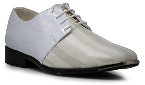 JY2N Men's Satin Metal Silver Tip Oxfords Dress Shoes Stripes Church Wedding Party Groomsmen Oxfords Dress Shoes (8.5, White)