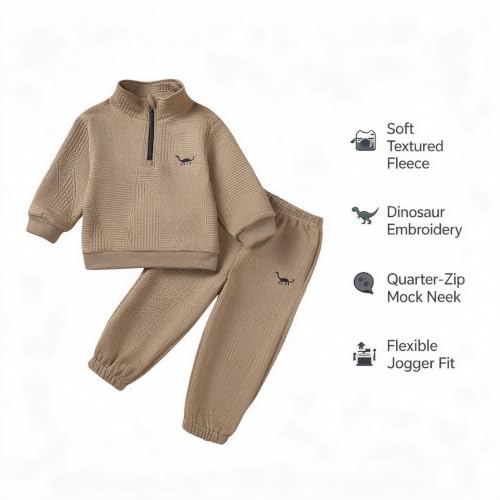 ABCRR Boys Dinosaur Embroidered Quarter Zip Sweatshirt Jogger Pants Set - image 2