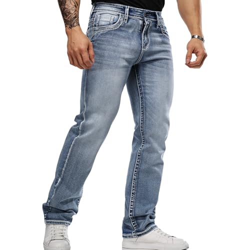 Mens Jeans - Embroidery Washed Crackle Design Jeans Relaxed Fit Stretch Casual Jeans Comfortable Classic Fit Jeans (US Waist 34 Regular Bright Steel Blue)