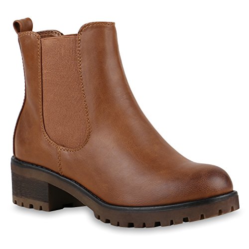 Stiefeletten Damen Chelsea Boots Profilsohle Blockabsatz Leder-Optik...