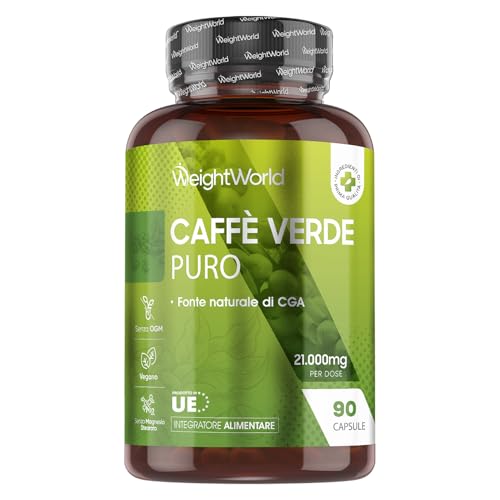 Caffè Verde Puro Vegano da 21.000mg, Estratto 50:1, Fonte Naturale di CGA, 90 Capsule, Caffe Verde dalla Pianta Coffea Arabica, Green Coffee Beans, Senza Magnesio Sterarato e OGM, Prodotto in Europa