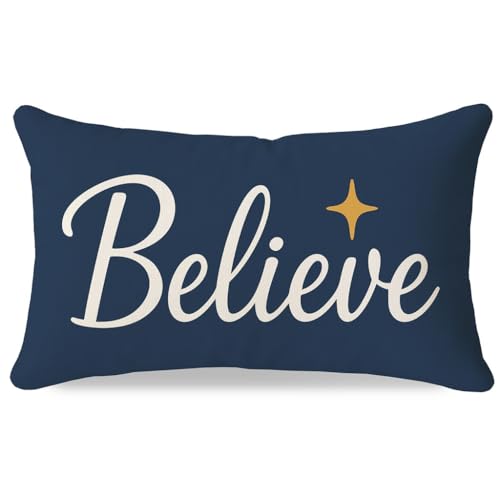 HERHOME Christmas Throw Pillow Cover 12x20 Inch, Believe Navy Blue Christmas Decorations, Outdoor Xmas Winter Holiday Inspirational Lumbar Decorative Cushion Case for Sofa Couch Home Decor