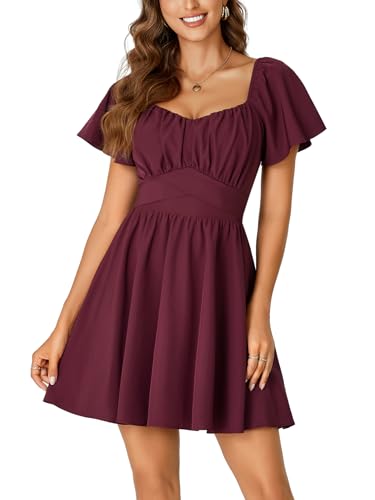 Image of Rooscier Women's Tie Back Square Neck Wrap Ruffle Short Sleeve Flare Mini Dress