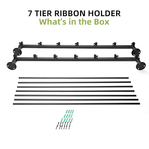 Image of 7 Tier Wall Mounted Ribbon Storage Organizer Rack, Metal Ribbon Holder for Craft Room Flower Store, Ideal for Wrapping Paper Scarf Tie Belt Towel - Black