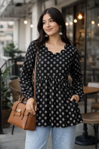 Image of Women's Rayon Black Floral Block Print Kurti, Scallop Neckline, Full Sleeves, Gathered Fit