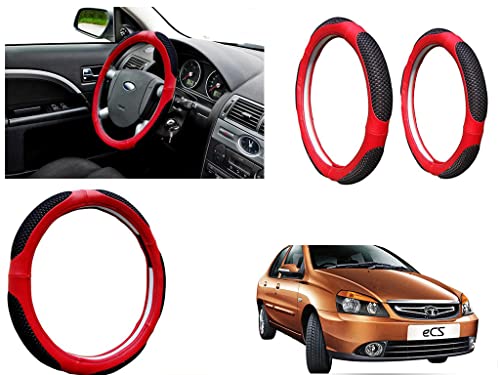 Image of Microfiber Car Steering Wheel Cover, Soft Padding Great Hand Feel, Anti-Slip, Faux Leather Steering Cover for Tata Indigo CS | Black Red Jali - Pack of 1