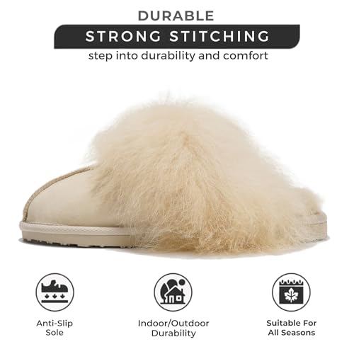 Project Cloud 100% Australian Sheepskin Scuff Slippers for Women - Genuine Shearling Memory Foam Slides for Women mules for women - Non-Slip Womens slippers - Christmas Slippers (RYANN, BEIG, 5.5)3