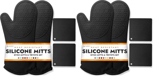 Image of BPA-Free Soft Silicone 4 Piece Oven Mitts & Trivets Set - Ultra Heat Resistant Oven Mitts with Thick Cotton Liner - Long Slip Resistant Pot Holders, Flexible Oven Gloves - Black (Pack of 2)