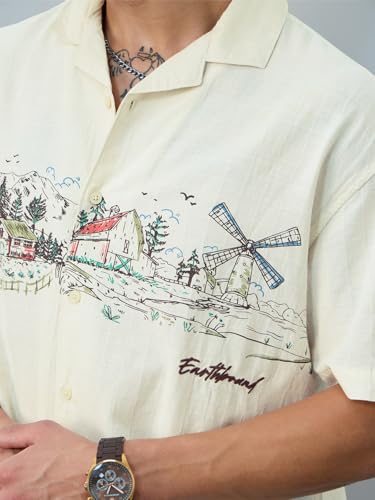 Image of The Souled Store Earthbound Hawaiian Shirt: Men and Boys Short Sleeves Collared Neck Embroidered Cotton Blend Oversized Casual Shirt