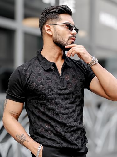 Image of Maniac || Mens || Solid Textured || Half Zip || Polo Neck || Half Sleeve || Cotton || T-Shirt