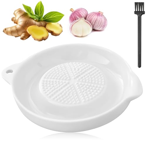 Garlic Grater Plate, Ceramic Ginger Garlic Grater, Garlic Plate Grater with Mini Brush, Food Grinder Porcelain Ginger Grater,Mini Grater for for Ginger Garlic Onion Spices Baby Food Kitchen Tools (A)