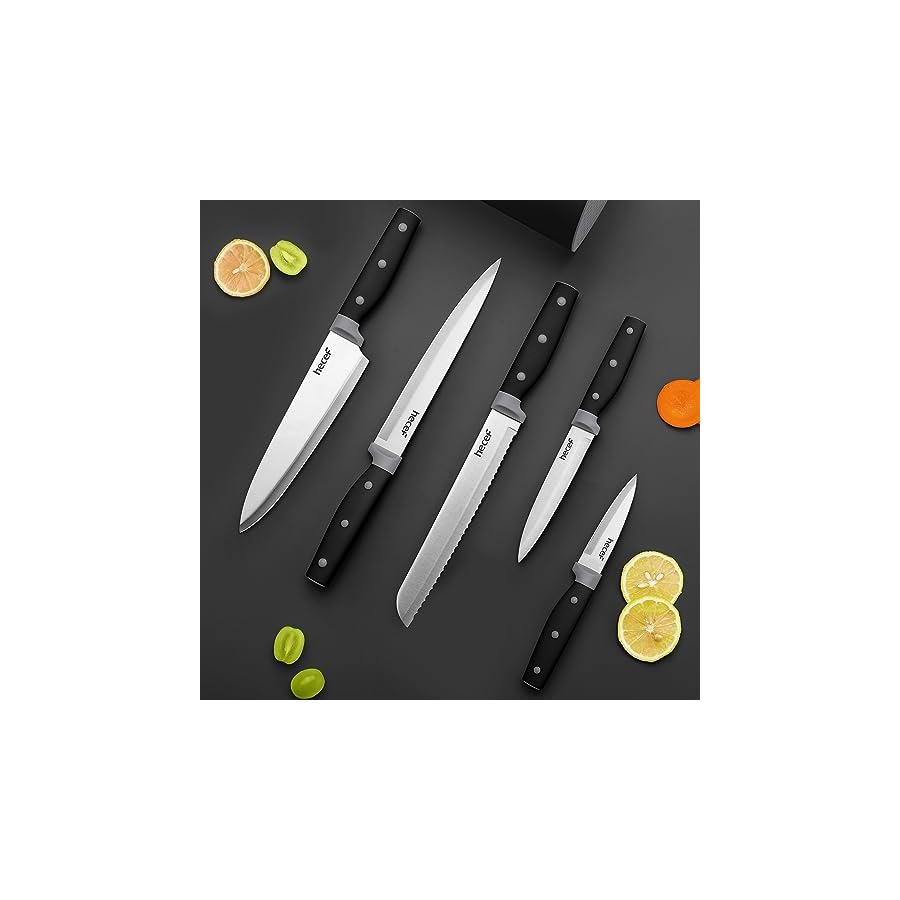 hecef Knife Set, 6 Pieces Kitchen Knives with Universal Knife Block, Stainless Steel Blade with Triple-rivets Handle, Kitchen Knife Set with Block for Home and Kitchen, Black