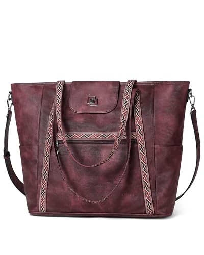 FADEON Large Laptop Tote Bag for Women Designer Leather Laptop Bag Fashion Travel Backpack Purse Shoulder Handbag Red