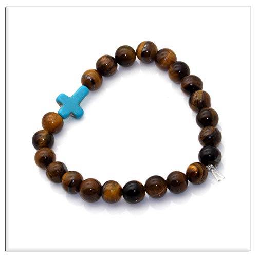 Image of Xusamss Fashion Religious Cross Bracelet 8mm Tiger Eye Turquoise Beads Elastic Bracelet,7 1 /2 wrist