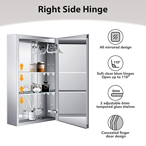 Bathlink Led Medicine Cabinet Mirror For Bathroom, Lighted Medicine Cabinet With Clock, Lighted Medicine Cabinets For Bathroom With Mirror, 16"×26"×5", Defog, Adjustable Light, Right Hinge #TOP2