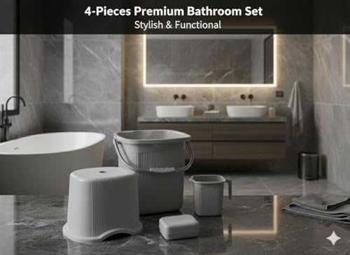 Image of MODWARE Bathroom Set, Pack of 4, Bucket, Mug, Soap Case, Stool, 20L, Polypropylene (Grey)