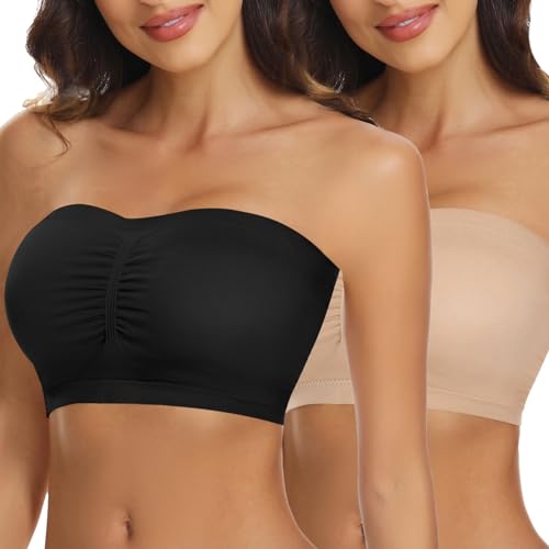 Image of Strapless Bra for Women Bandeau Bra Wireless Seamless Padded Tube Top Non-Slip Bandeau Top with Hook and Eye Closure