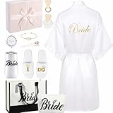 Joli ensemble assorti : vous recevrez 14 cadeaux de mariée dont 1 peignoir court en satin, 1 sac fourre-tout pour mariée et 1 trousse de maquillage, 1 paire de pantoufles de mariage de mariée, 1 coffret cadeau de mariée avec raphia de 10 g, 1 tasse sous vide en acier inoxydable, 2 élastiques à cheveux blancs, 3 cordes tissées côtelées, 1 bracelet doré, 1 stylo diamant et 1 miroir de maquillage