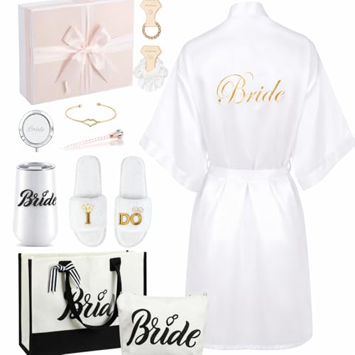 Berlune 14 Pcs Bride Gifts Box Sets Short Satin Robes Canvas Tote Bag Stainless Steel Tumbler Slippers for Wedding
