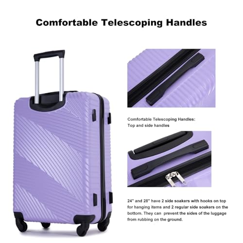 3-Piece PC+ABS Lightweight Luggage Set, Light Purple Suitcase with Spinner Wheels & Hooks, (20/24/28 Inch)3