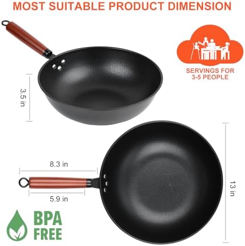 13" Nonstick Wok - Wok Pan with Glass Cover, Carbon Steel Woks & Stir-Fry Pans: Flat Bottom Chinese woks for Electric, Induction, Gas, All Stoves - Thumbnail 3