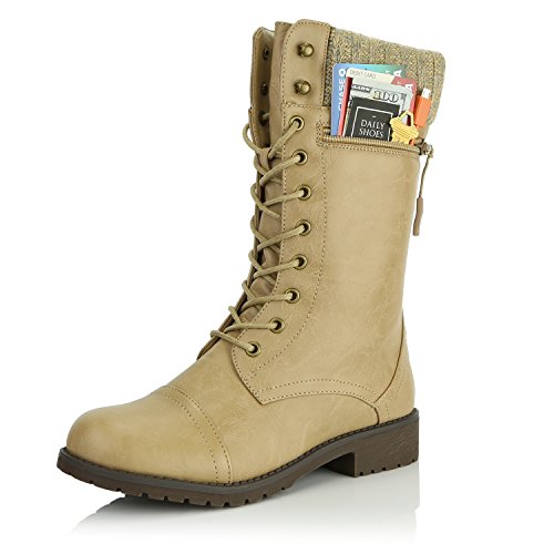 DailyShoes Women's Combat Booties Ankle Mid Calf Low Heel Lace Up Zipped Pocket Sweater Cuff Knits Zip Bootie - Beige Pu 9