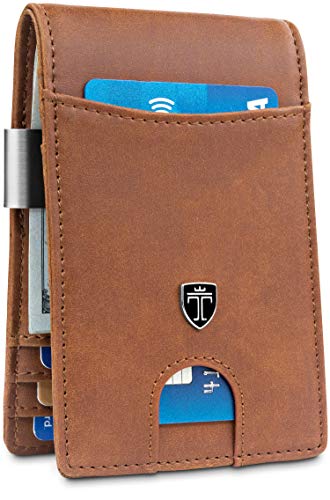 TRAVANDO Money Clip Wallet RIO - Mens Wallets slim Front Pocket RFID Blocking Card Holder Minimalist Mini Bifold Gift Box (Vintage Leather, Cognac Brown)