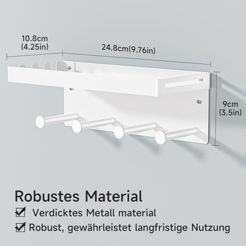 YYBO Schlüsselbrett Mit Ablage, Hundegarderobe Metall, Schlüsselhalter Wand, Schlüsselbrett Weiß Schlüsselablage, Hundeleinen Halterung für Flur, Eingangsbereich, Selbstklebend or Bohren