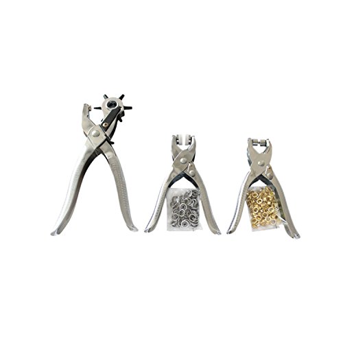 MuZuZi Juego de alicates de punzonado Herramienta de reparación de perforación de agujeros de cuero Ojales (silver)
