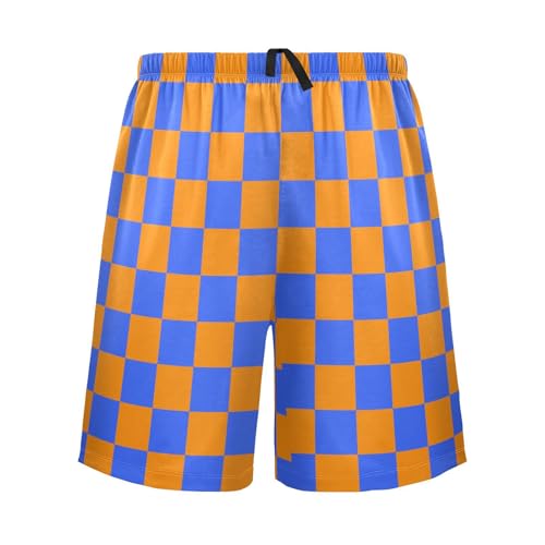 Men's Orange and Blue Buffalo Checkered Pajama Shorts with Pocket and Drawstring S