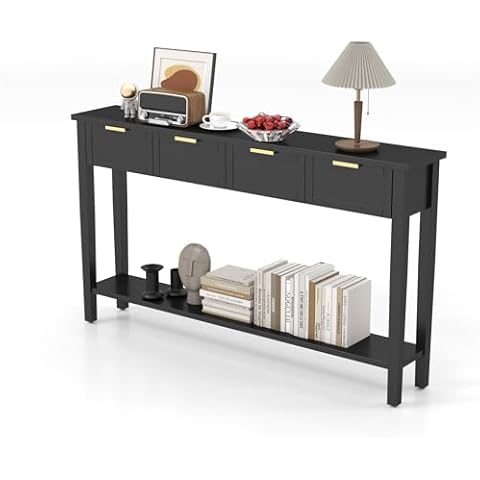 JSUN7 60 Inch Long Console Table - Entryway Table with Storage Drawers and Shelf, Wood Sofa Table Behind Couch Table, Console Tables for Entryway, Living Room, Hallway, Foyer, Bright Black Cover