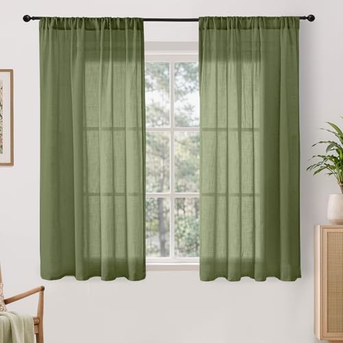 Image of BGment Green Linen Curtains 48 Inches Long for Short Bedroom - Semi Sheer Light Filtering Window Drapes with Rod Pocket Textured Lightweight for Dining Living Room, 2 Panels Set, Each 42 Inch Wide