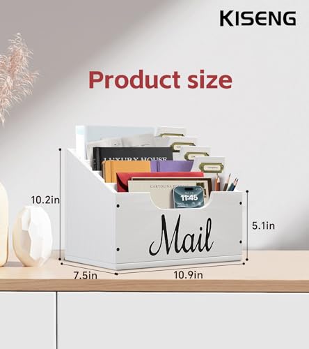 KISENG Mail Organizer Countertop, Desktop Mail Basket with 4 Slots, Wooden Mail Paper Holder, File Holders for Document Envelopes and Bills, Large Mail Holder and Classroom Mailbox for Office Home