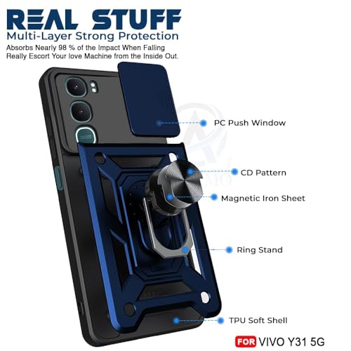 Image of Luxe Back Cover Compatible for Vivo Y31 | D10 Tough Armor Case | Sliding Camera Shield | 360 Protection | Kickstand Ring Holder | Military-Grade Bumper Case - Blue